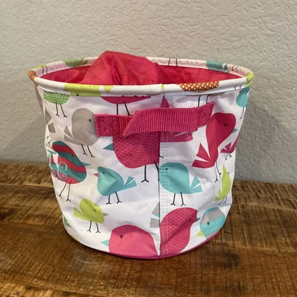 Thirty one bag cinch top round Storage Bin Pink Chickadees Birds Embroidery MeMe